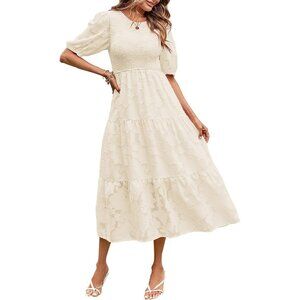 Women's 2024 Summer Puff Sleeve Smocked Floral Dress Crewneck Lace Flowy Tiered